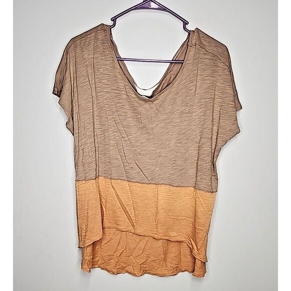 FREE PEOPLE Sz XS WE THE FREE MIDNIGHT COLORBLOCK SHORT SLEEVE TEE PEACH COMB - Picture 7 of 14